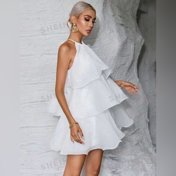 Privé Layered Halter Neck Ruffle Women’s White Dress - Picture 3 of 6